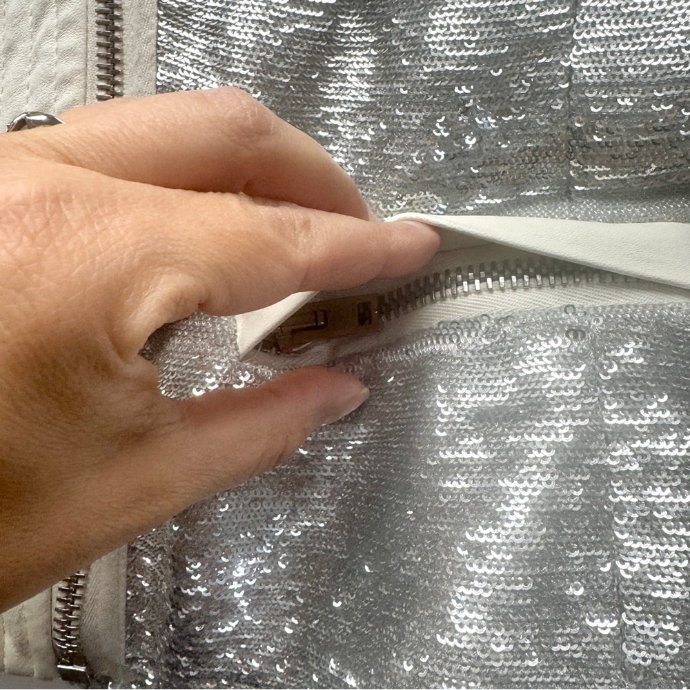 IRO Paris Silver Sequin "Hadley" Moto Blazer with White Leather - Picture 12 of 16